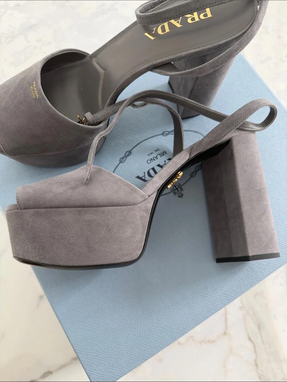 Prada Taupe Gray Suede Platform Slingback Sandals size 39